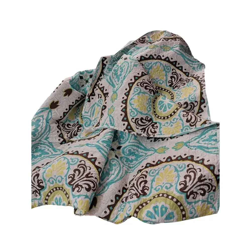 SPIRIT LINEN! WHITE W/YELLOW, AQUA & BROWN MANDALA QUILT & 2 SHAMS! SZ QN